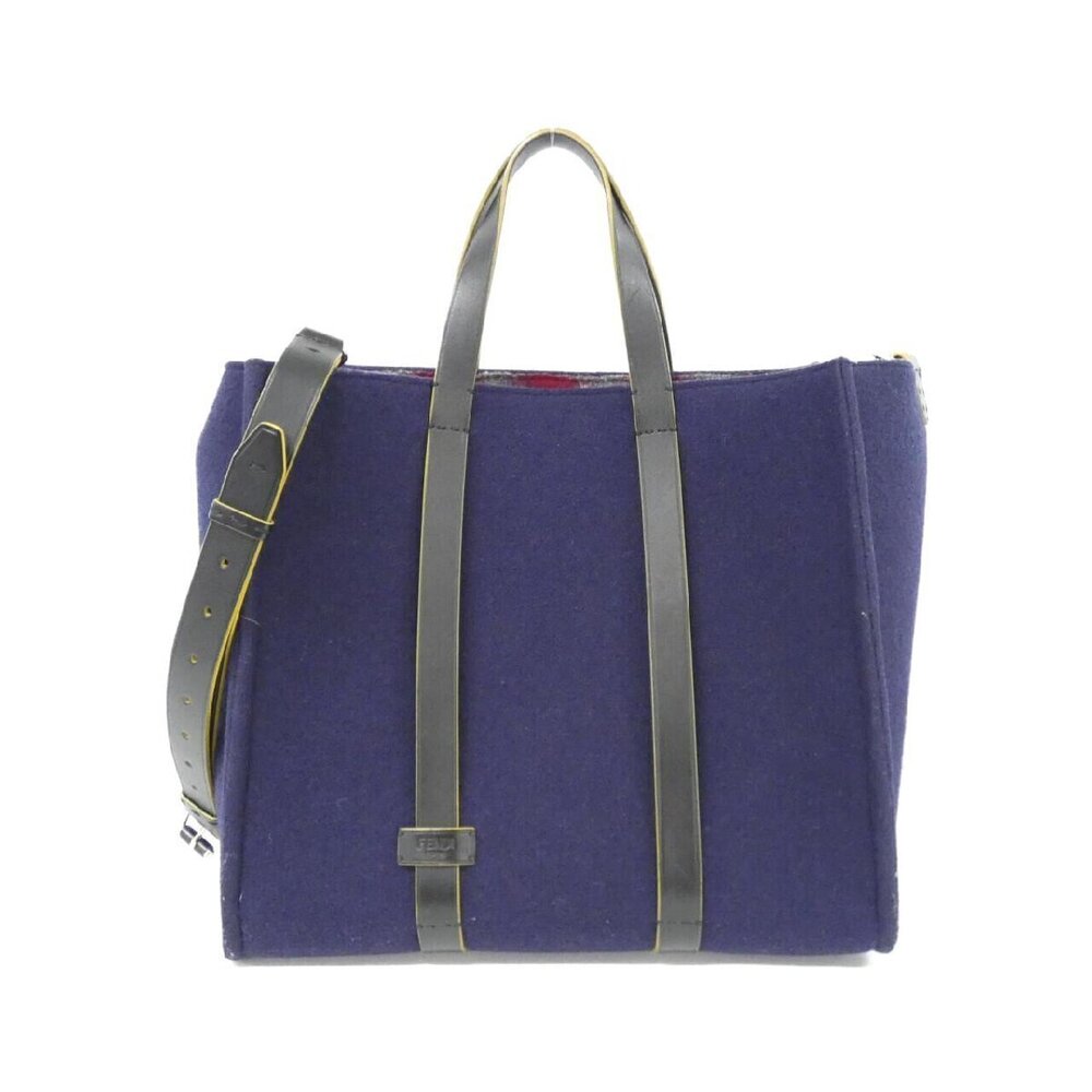 Fendi Navy Blue leather tote bag metal logo plaque